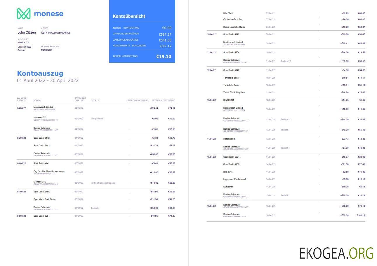 Allemagne Relevé bancaire Monese sur Deutsch, 3 pages
